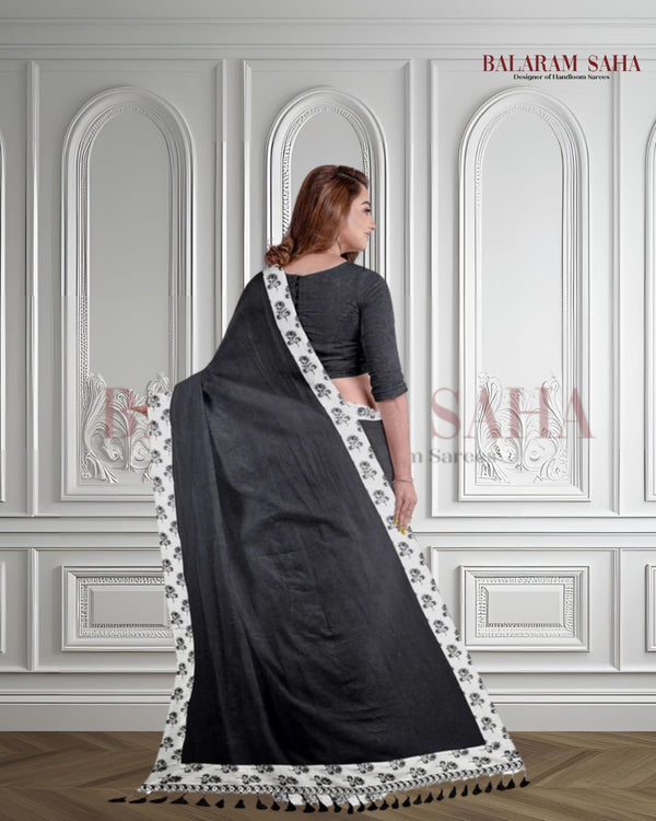 Black & White Handloom Mul Cotton Saree With Aplik Printed Border Balaram Saha