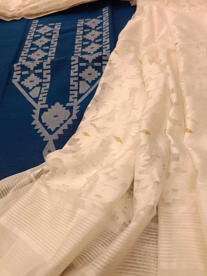 Navy Blue soft cotton unstitched Jamdani kurta with white on white silk/cotton jamdani dupatta