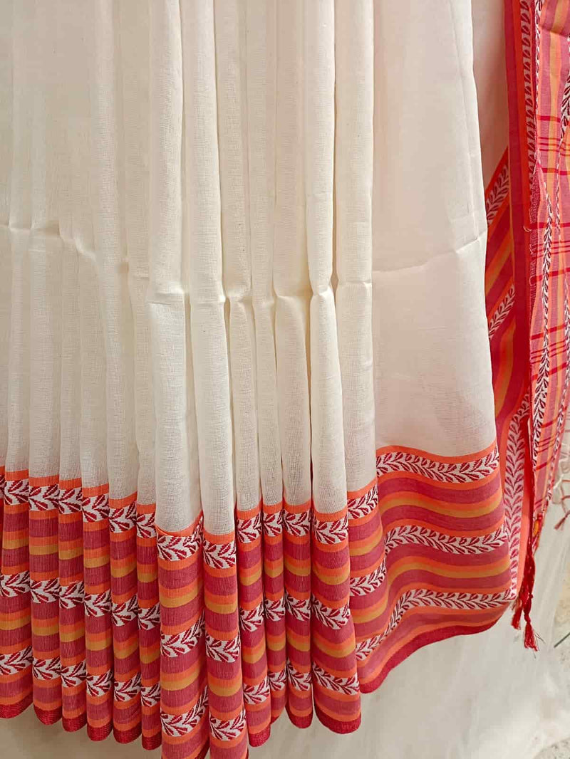 Off-White Fine Handloom Cotton Saree With  Red & Orange Contrast Woven Border and  Stripes Aanchal, Blouse piece included