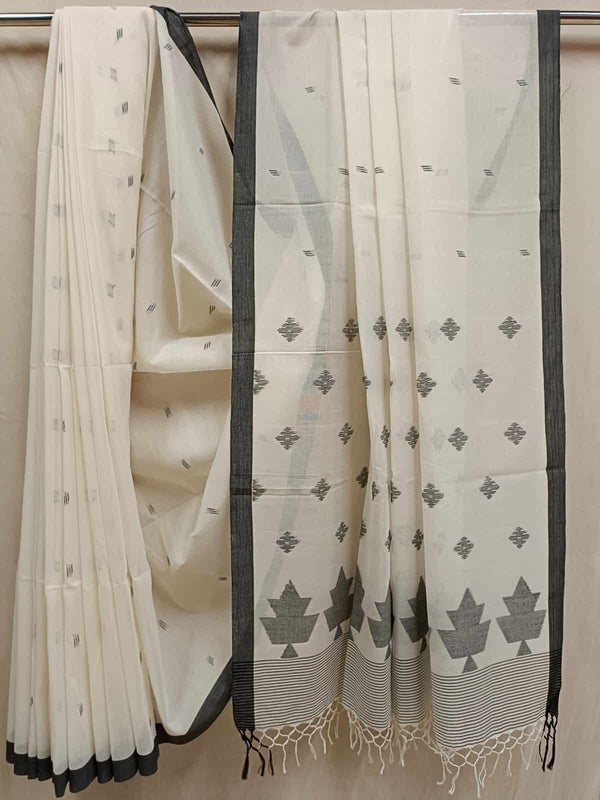 White & Black Soft Handloom Cotton Saree With all over Small Woven Booties on Body and Woven Aanchal, Blouse Piece Included