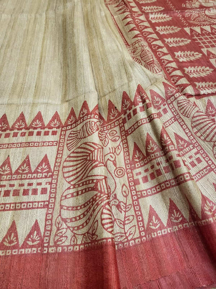 Pure Tussar/Ghicha Silk saree in the natural shade with Red hand block print Balaram Saha