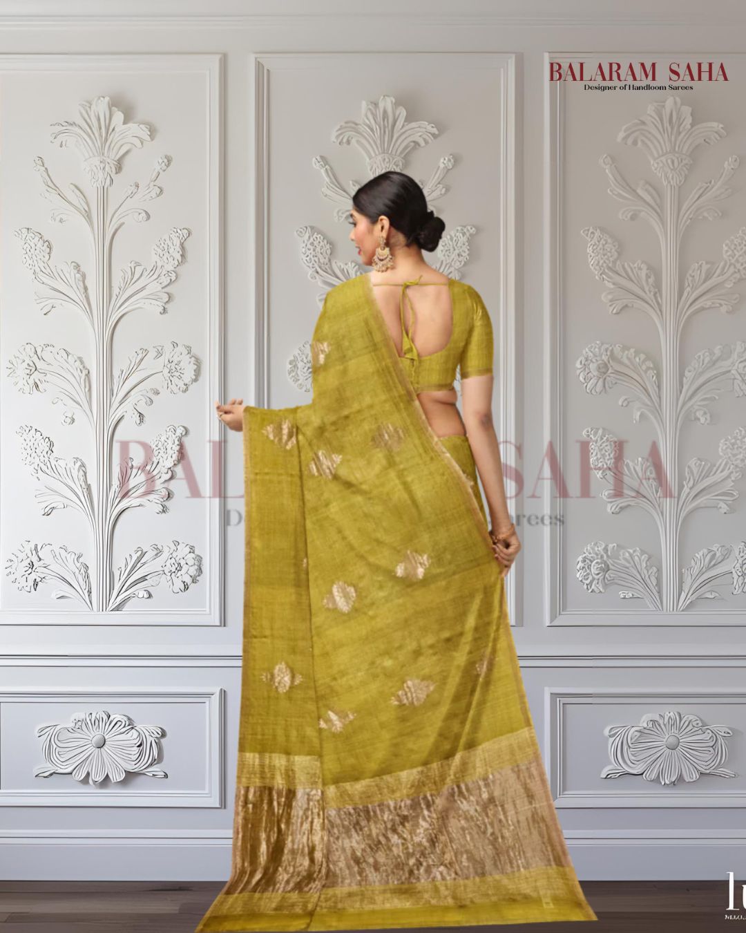 Mustard Green and Golden Zari Soft Handwoven Muslin Silk saree Balaram Saha