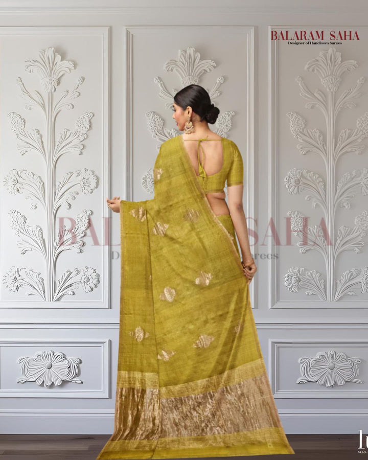 Mustard Green and Golden Zari Soft Handwoven Muslin Silk saree Balaram Saha