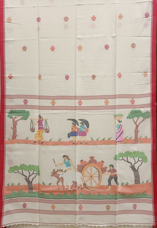 Handloom Handspun Cotton Jamdani Saree with Clay Pitcher and Historical Motifs Balaram Saha