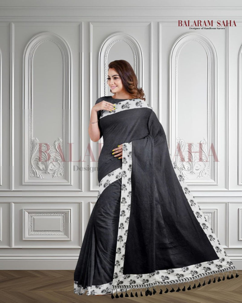 Black & White Handloom Mul Cotton Saree With Aplik Printed Border Balaram Saha