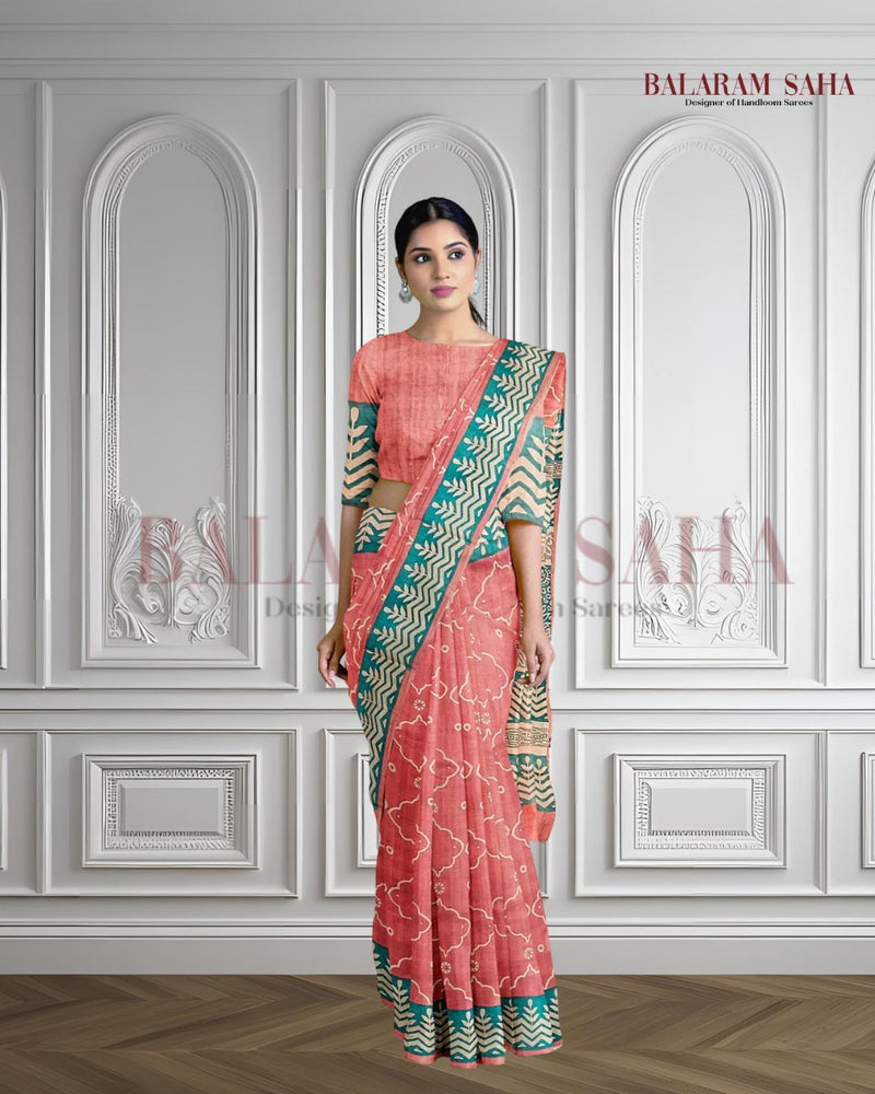 New Summer Vintage Peach Handloom Tussar Silk Block Print Saree By Balaram Saha (balaram saha, Kolkata Bengal Saree, handloom saree, handloom cotton saree, balaram saha online, balaram saha handloom saree store, handloom sarees, balaram saha handloom saree store photos, balaram saha handloom saree store, cotton handloom saree, bengal handloom sarees,tussar silk saree, tussar silk sarees, handloom tussar silk saree)