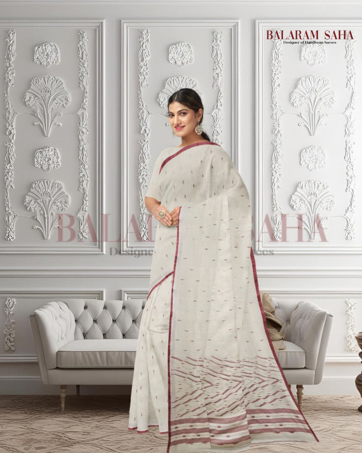 Off White Soft Handloom Handwoven Tussar Silk Jamdani Saree Balaram Saha