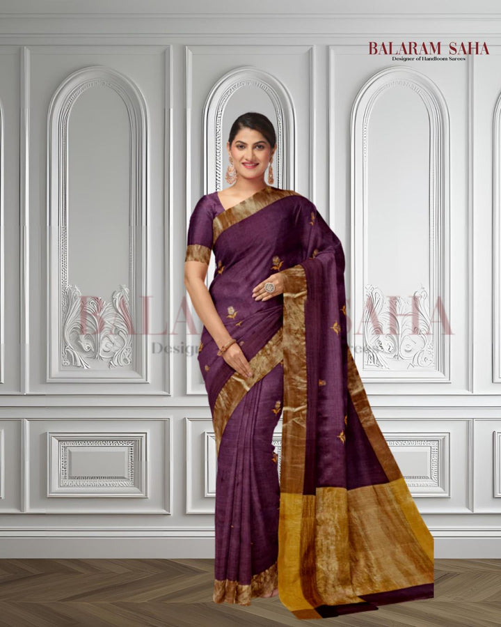 Plum & Golden Zari Handloom Soft Khadi Tussar Silk Saree Balaram Saha