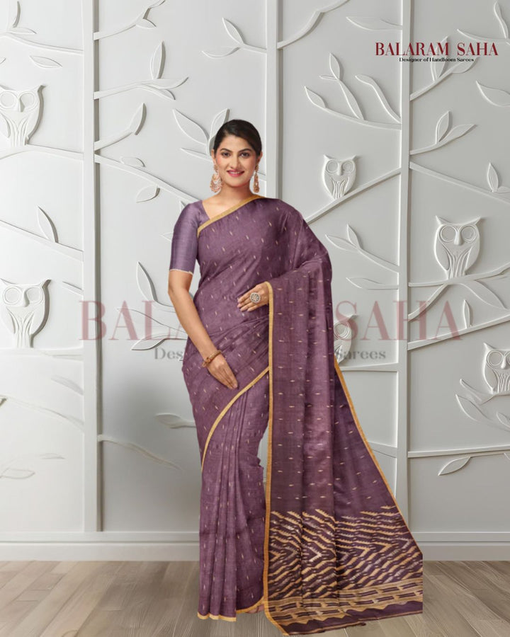 Plum & Mustard Soft Handloom Handwoven Tussar Silk Jamdani Saree Balaram Saha