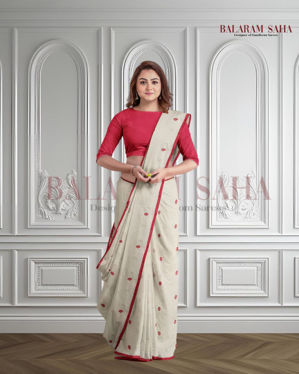 White & Red Soft Cotton Woven Jamdani saree Balaram Saha
