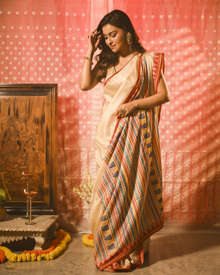 Elegant Tussar Silk Saree with Multicolor Geometric Aanchal & Red Temple Border Balaram Saha