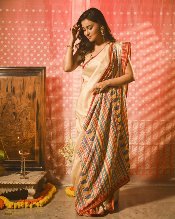 Elegant Tussar Silk Saree with Multicolor Geometric Aanchal & Red Temple Border Balaram Saha