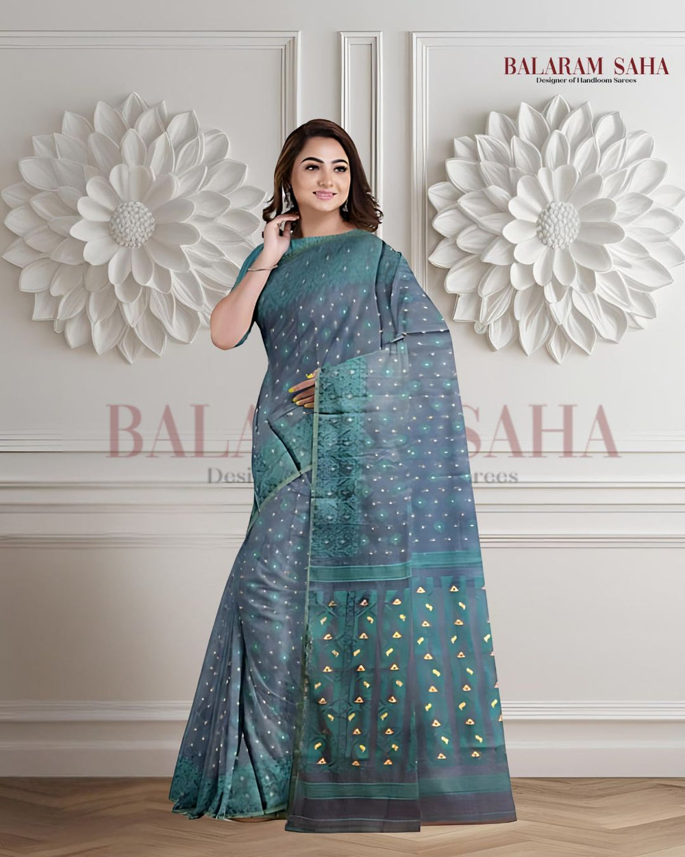 Balaram Saha Threads of the Sea: The Peacock Blue & Sea Green Handloom Jamdani Saree  Balaram Saha