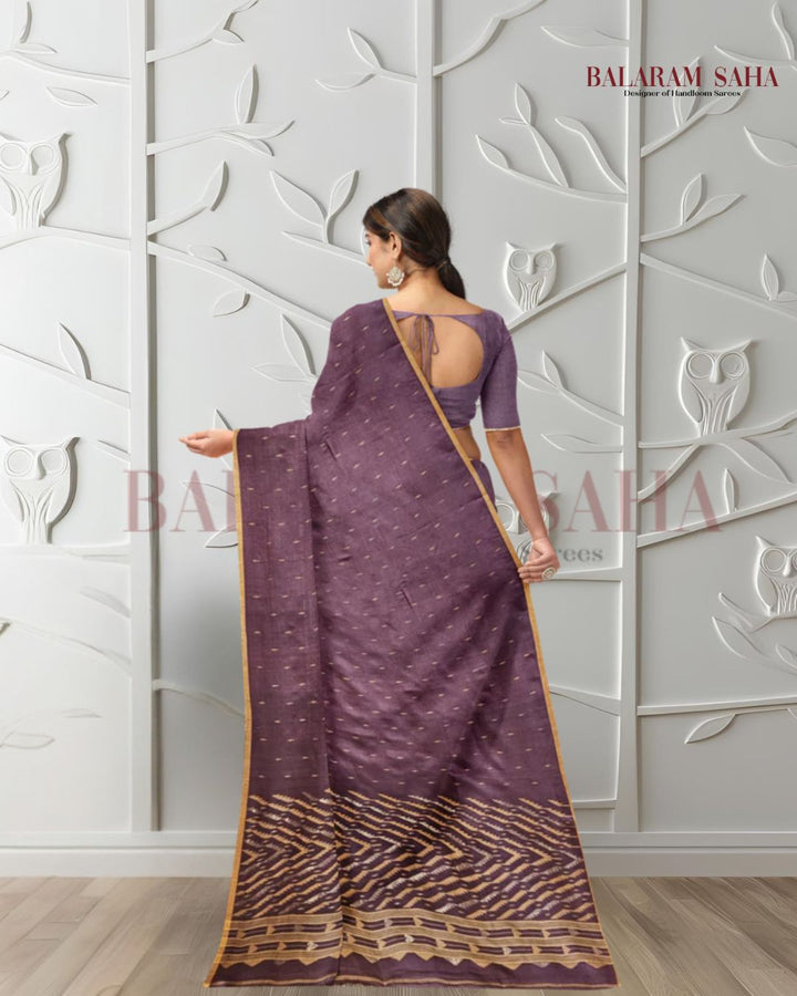 Plum & Mustard Soft Handloom Handwoven Tussar Silk Jamdani Saree Balaram Saha