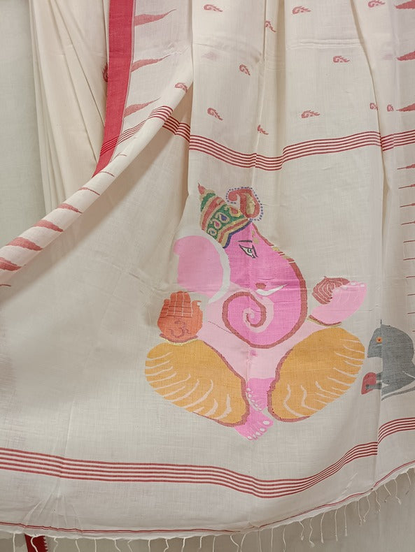 Handloom Handspun Cotton Jamdani Saree with Red Border and Cute Ganesh-Rat Motifs Balaram Saha