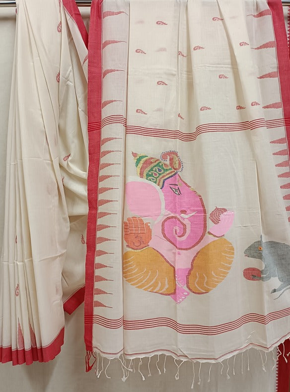 Handloom Handspun Cotton Jamdani Saree with Red Border and Cute Ganesh-Rat Motifs Balaram Saha