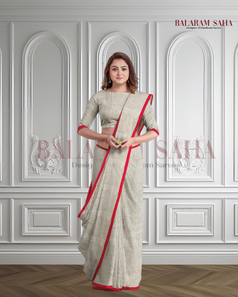 Embrace Tradition: White & Red Handloom Cotton Saree from Balaram Saha Balaram Saha