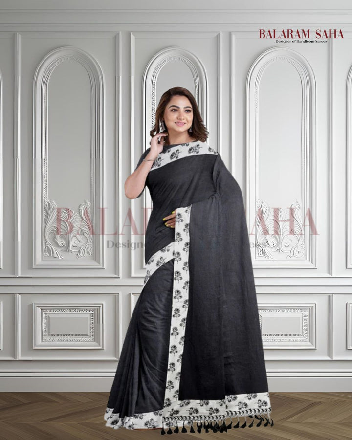 Black & White Handloom Mul Cotton Saree With Aplik Printed Border Balaram Saha
