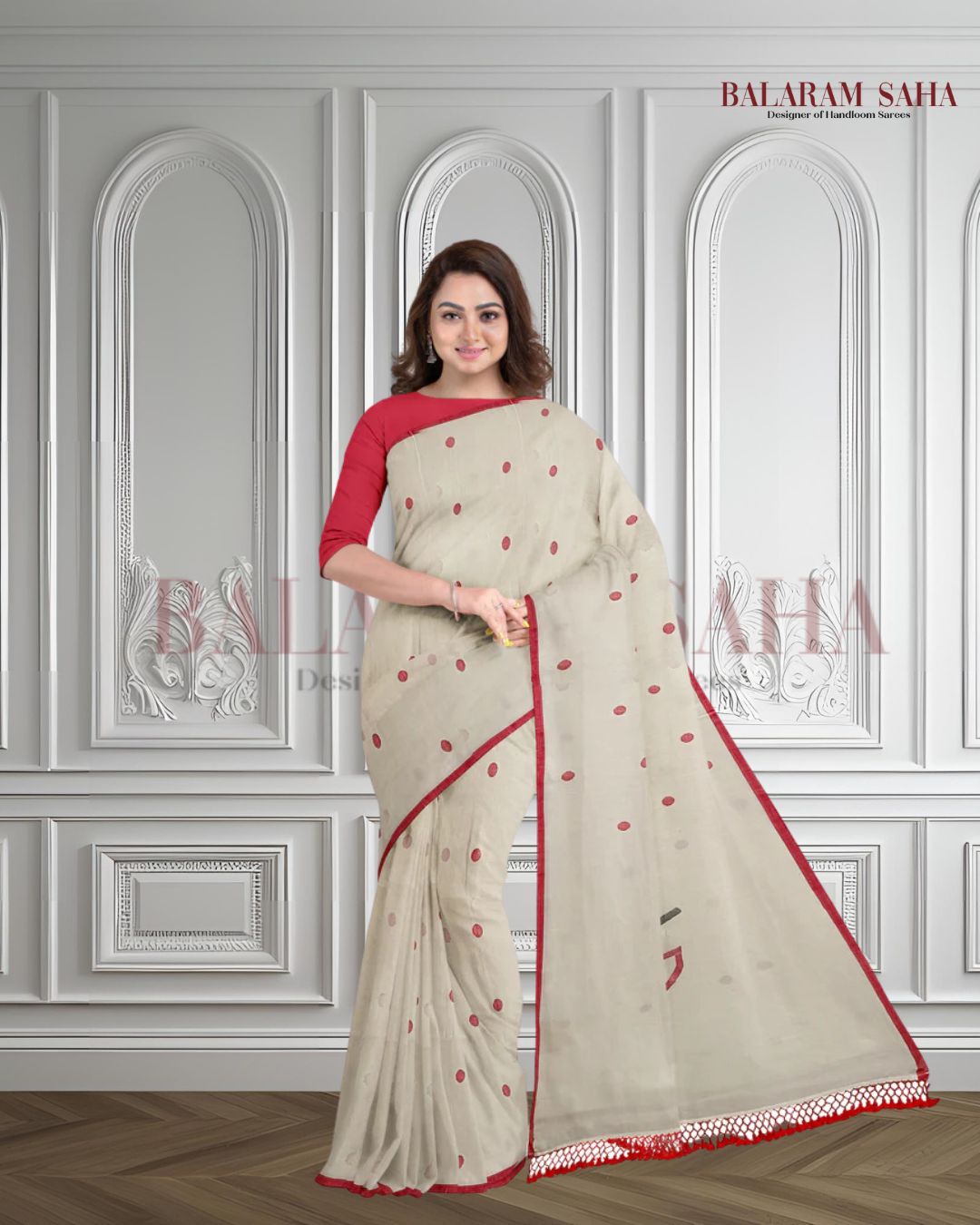 White & Red Soft Cotton Woven Jamdani saree Balaram Saha