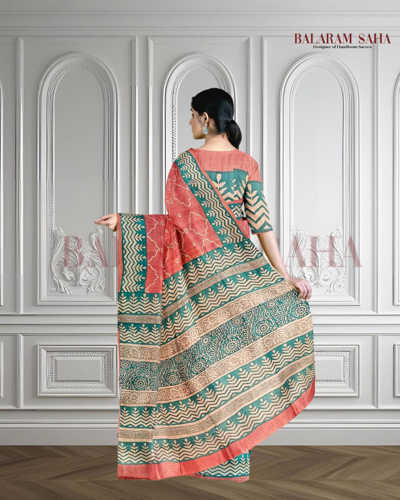 New Summer Vintage Peach Handloom Tussar Silk Block Print Saree By Balaram Saha (balaram saha, Kolkata Bengal Saree, handloom saree, handloom cotton saree, balaram saha online, balaram saha handloom saree store, handloom sarees, balaram saha handloom saree store photos, balaram saha handloom saree store, cotton handloom saree, bengal handloom sarees,tussar silk saree, tussar silk sarees, handloom tussar silk saree)