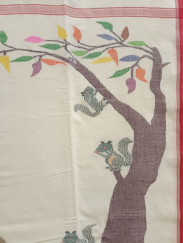 Nature-Inspired Handloom Handspun Cotton Jamdani Saree with Squirrel Motif Balaram Saha