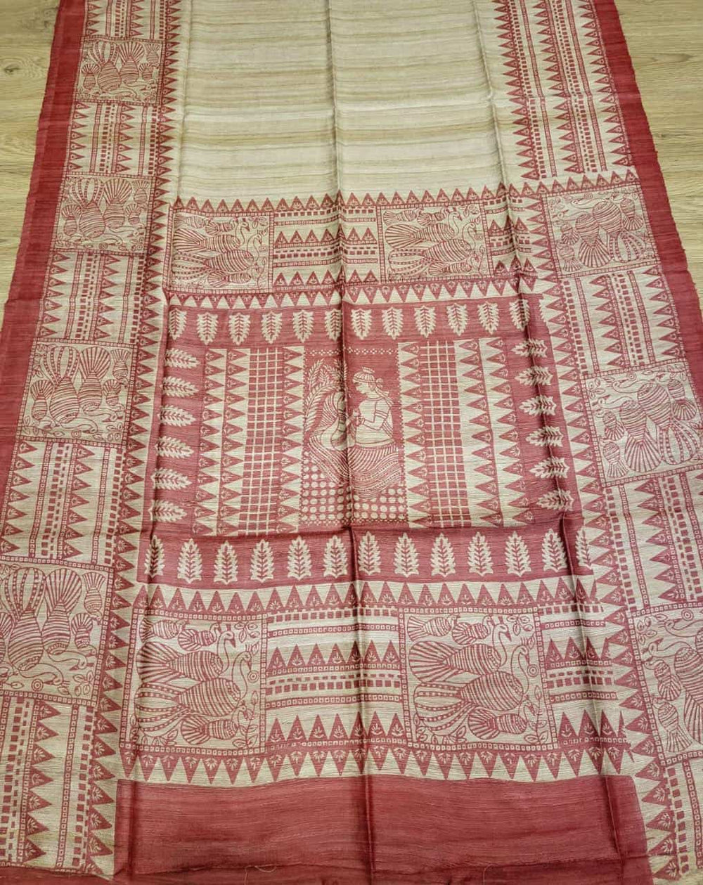 Pure Tussar/Ghicha Silk saree in the natural shade with Red hand block print Balaram Saha