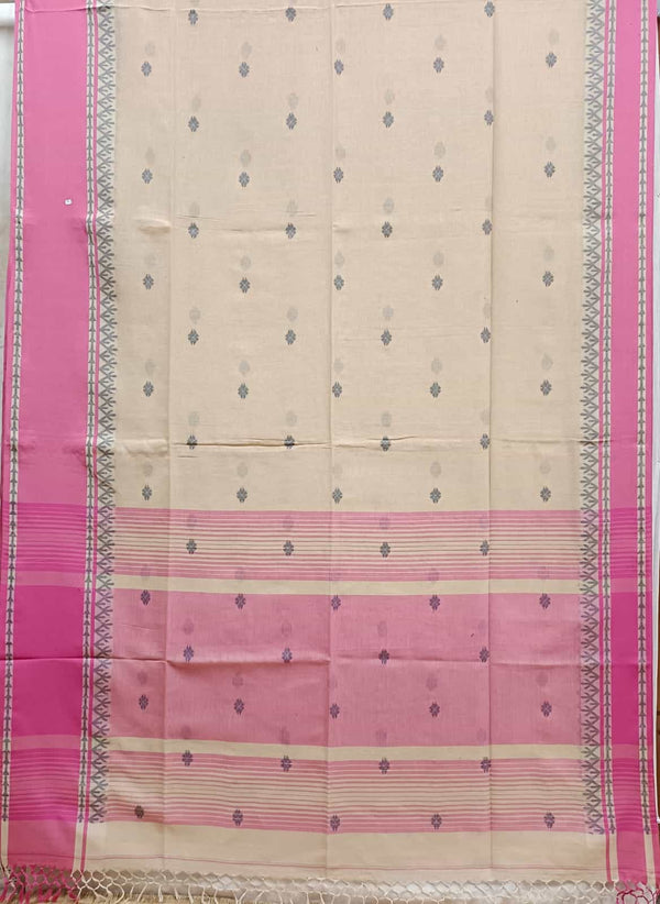 Beige & Pink Border Soft Handloom Cotton Saree, with all over Booties on body and pink and Grey contrast border, Blouse piece included
