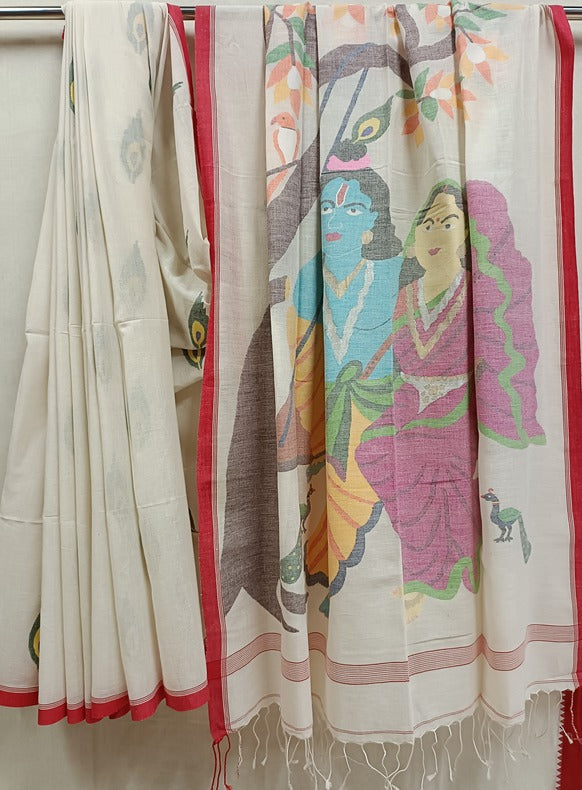 Handspun Cotton Jamdani Saree with Peacock Feathers and Radha Krishna Motif Balaram Saha