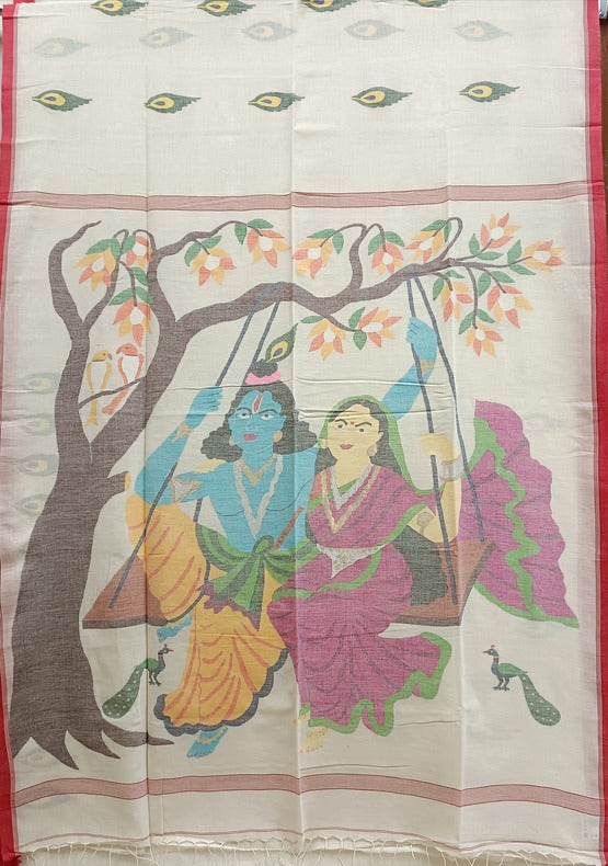 Handspun Cotton Jamdani Saree with Peacock Feathers and Radha Krishna Motif Balaram Saha