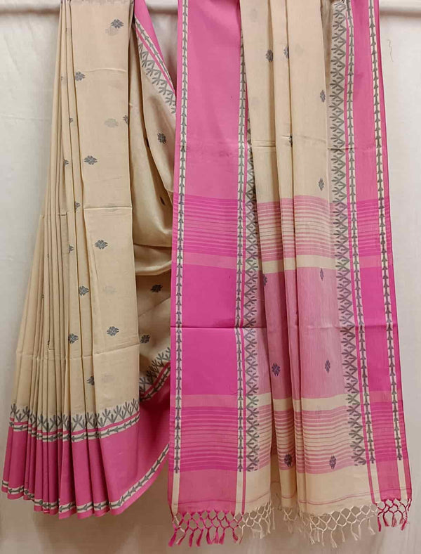 Beige & Pink Border Soft Handloom Cotton Saree, with all over Booties on body and pink and Grey contrast border, Blouse piece included