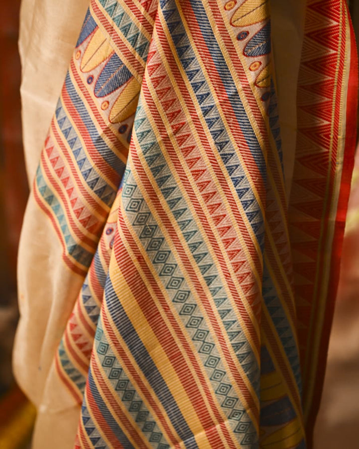 Elegant Tussar Silk Saree with Multicolor Geometric Aanchal & Red Temple Border Balaram Saha