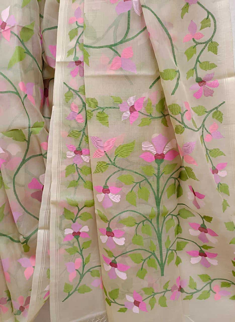 Beige & Multi Colour, Pure Muslin Silk Handwoven Jamdani saree with flowers woven all over body, border & Aanchal. Blouse Piece with woven stripes included.