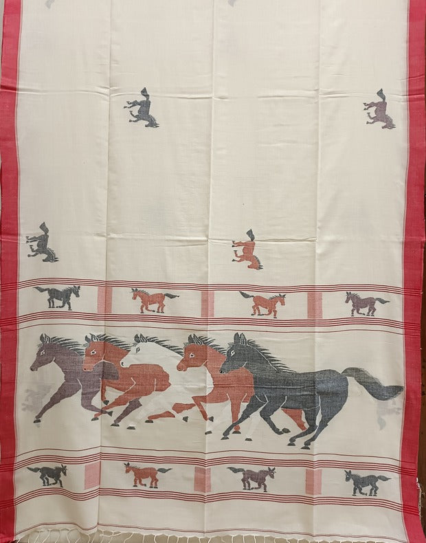Handspun Cotton Jamdani Saree with Horse Motif and Five Horses Balaram Saha