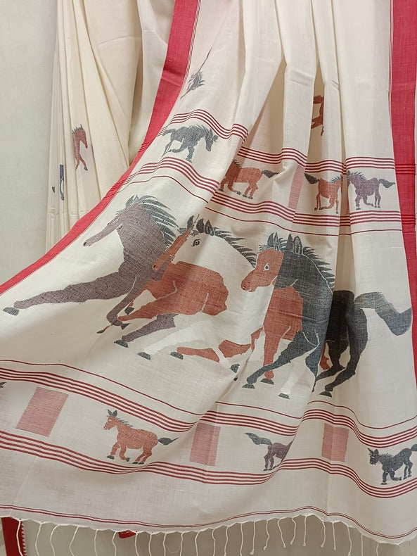 Handspun Cotton Jamdani Saree with Horse Motif and Five Horses Balaram Saha