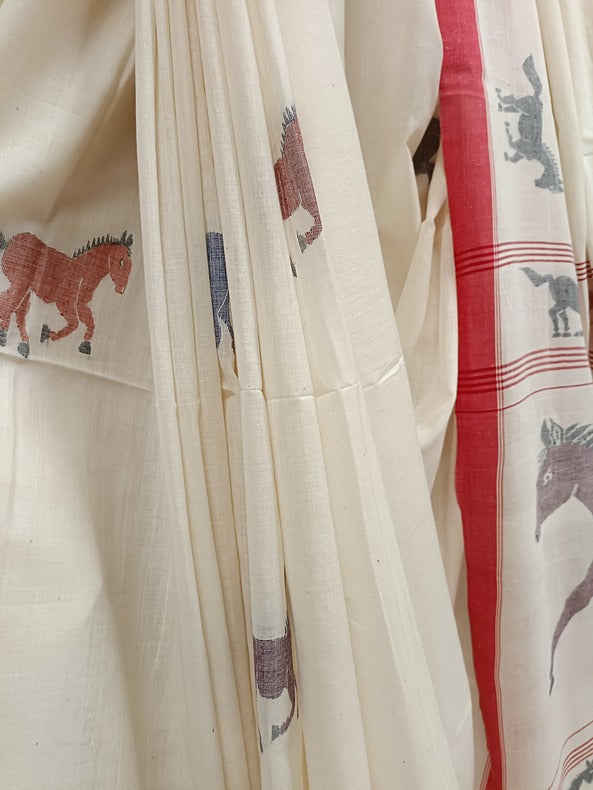 Handspun Cotton Jamdani Saree with Horse Motif and Five Horses Balaram Saha