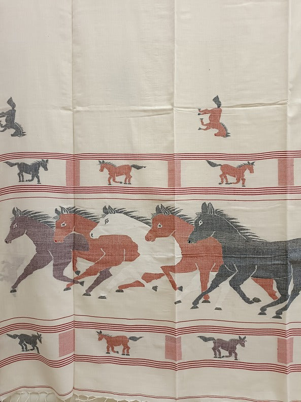 Handspun Cotton Jamdani Saree with Horse Motif and Five Horses Balaram Saha