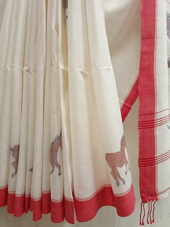 Handspun Cotton Jamdani Saree with Horse Motif and Five Horses Balaram Saha