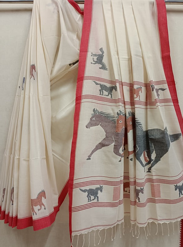 Handspun Cotton Jamdani Saree with Horse Motif and Five Horses Balaram Saha