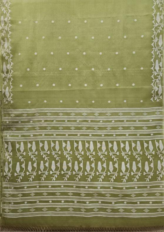 A Breath of Spring: Light Green & White Muslin Jamdani Saree from Balaram Saha Balaram Saha