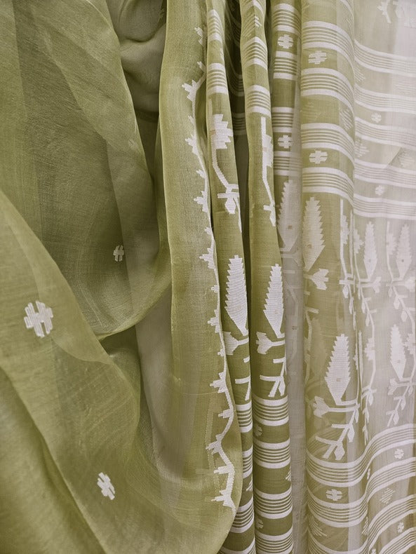 A Breath of Spring: Light Green & White Muslin Jamdani Saree from Balaram Saha Balaram Saha