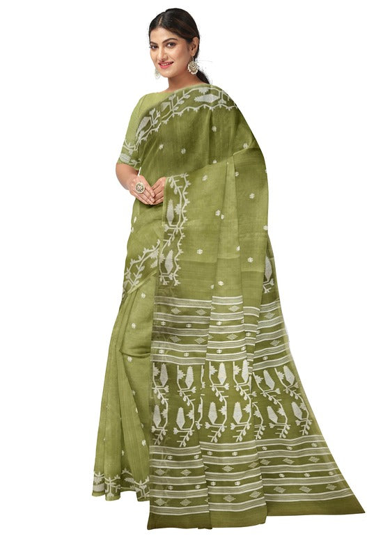 A Breath of Spring: Light Green & White Muslin Jamdani Saree from Balaram Saha Balaram Saha