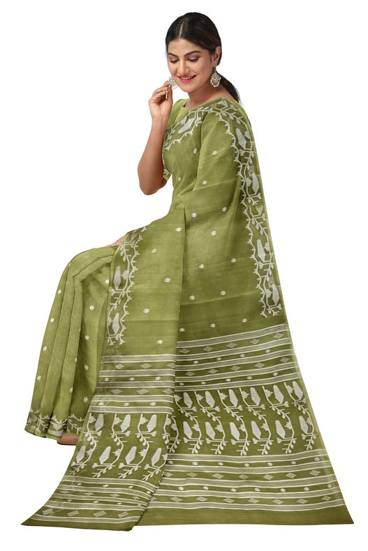 A Breath of Spring: Light Green & White Muslin Jamdani Saree from Balaram Saha Balaram Saha