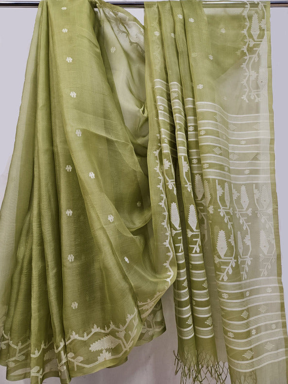 A Breath of Spring: Light Green & White Muslin Jamdani Saree from Balaram Saha Balaram Saha