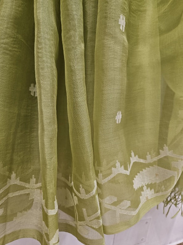 A Breath of Spring: Light Green & White Muslin Jamdani Saree from Balaram Saha Balaram Saha