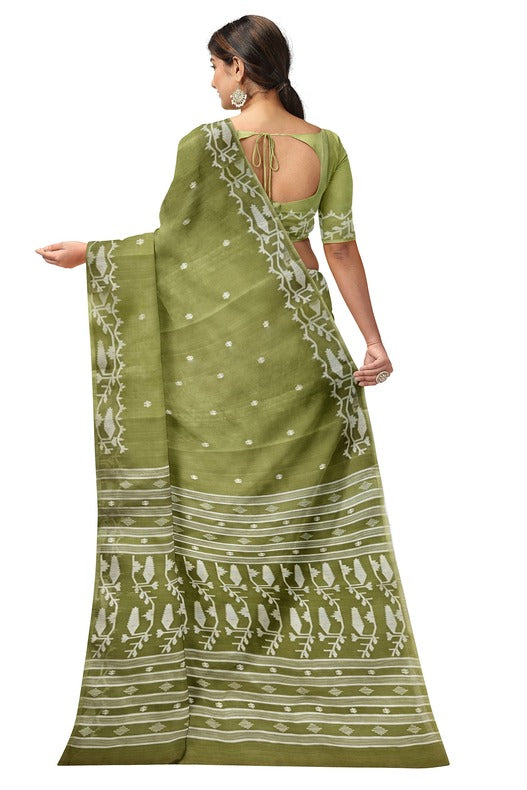 A Breath of Spring: Light Green & White Muslin Jamdani Saree from Balaram Saha Balaram Saha