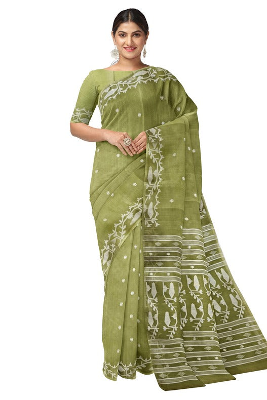 A Breath of Spring: Light Green & White Muslin Jamdani Saree from Balaram Saha Balaram Saha