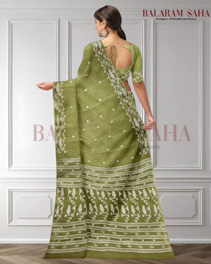 A Breath of Spring: Light Green & White Muslin Jamdani Saree from Balaram Saha Balaram Saha