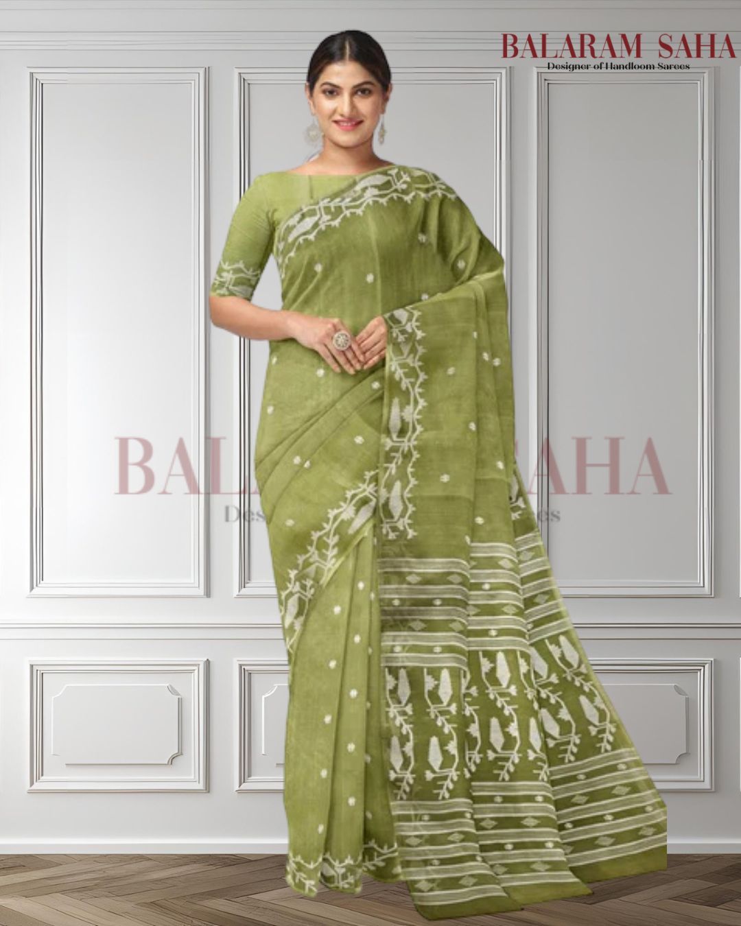 A Breath of Spring: Light Green & White Muslin Jamdani Saree from Balaram Saha Balaram Saha