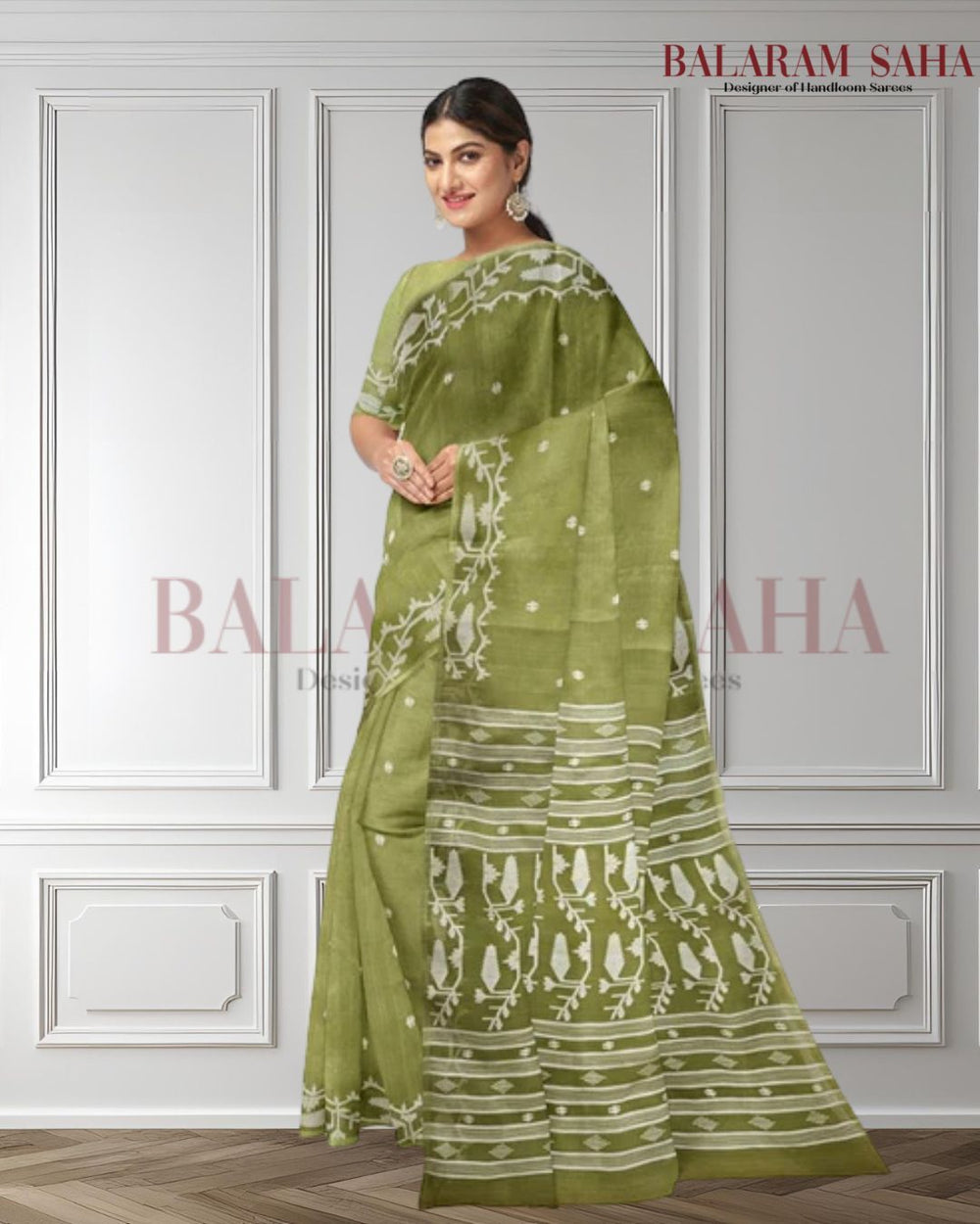 A Breath of Spring: Light Green & White Muslin Jamdani Saree from Balaram Saha Balaram Saha
