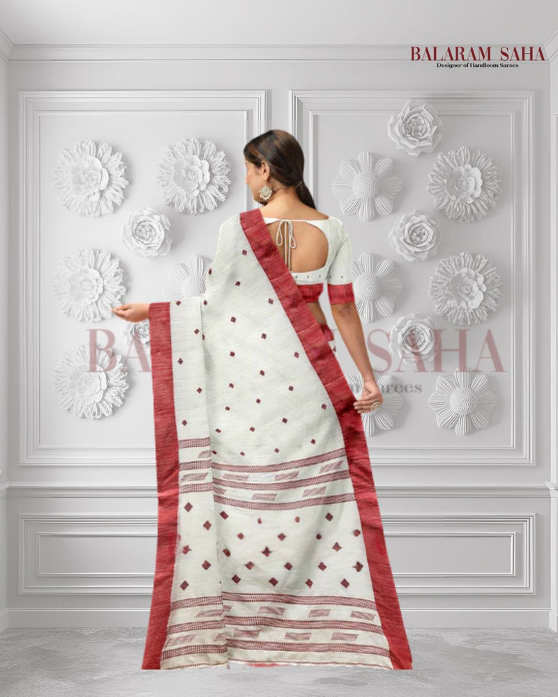 A Classic Revisited: Balaram Saha's White Handloom Cotton Saree with Red Contrast Border - (handloom saree, cotton saree, handloom cotton saree, balaram saha online, handloom sarees, balaram saha handloom saree store, cotton handloom saree, bengal handloom sarees, pure cotton, cotton saree for women, cotton saree online)   https://www.businessinsider.in/?r=US&IR=T